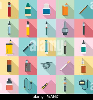 Electronic cigarette mod cig smoke icons set. Flat illustration of 25 electronic cigarette mod cig smoke vector icons for web Stock Vector