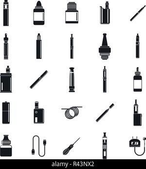 Electronic cigarette mod cig smoke icons set. Simple illustration of 25 electronic cigarette mod cig smoke vector icons for web Stock Vector