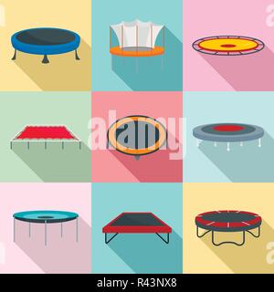 Trampoline jumping park joy icons set. Flat illustration of 9 trampoline jumping park joy vector icons for web Stock Vector