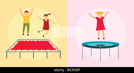 Trampoline jumping park joy banner concept set. Flat illustration of 2 trampoline jumping park joy vector banner concepts for web Stock Vector