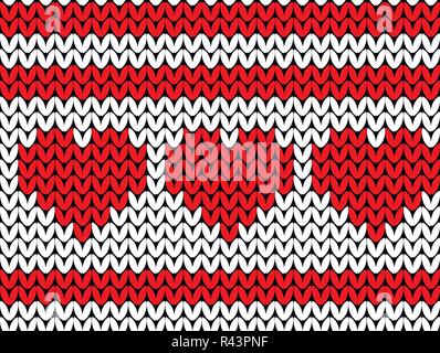 Valentines Day. Knitted Pattern of hearts and stripes. White and red. Seamless pattern Stock Vector
