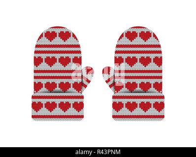 Valentines Day. Knitted mittens. Pattern of hearts and stripes. White and red Stock Vector