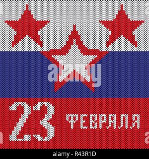 Defender of the Fatherland Day. February 23 - text in Russian. Colors of the Russian flag, red five-pointed stars. Imitation knitted fabric. Banner, i Stock Vector