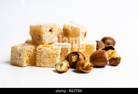 Turkish delight dessert with pistachio on white background Stock Photo