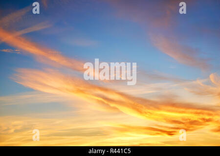 Colored porous clouds at sunset against blue sky. Stock Photo