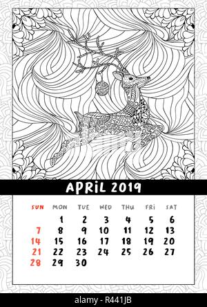 Christmas deer calendar, calendar april 2019 year. Coloring book poster for adults and kids with traditional holiday symbol reindeer with ball. Black and white vector illustration in doodle style Stock Vector