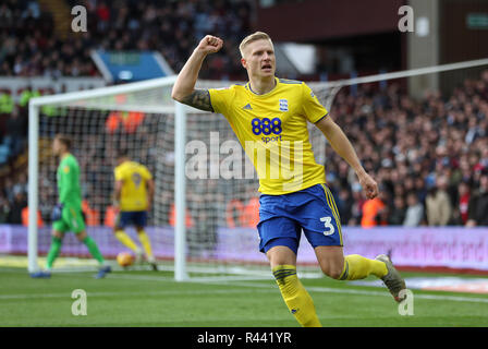 Birmingham City's Kristian Pedersen celebrates scoring their second goal the Sky Bet Championship match at Villa Park, Birmingham. Stock Photo