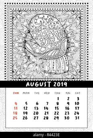 Mitten with scenery doodle pattern, calendar August 2019. Coloring book page for adults and children with landscape doodle illustration. Handdrawn monochrome christmas poster. Vector Stock Vector