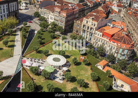 Porto, Portugal. August 29, 2014. Aerial view of Lisbon Square in Porto, Portugal, with garden, terrace, café, commerce and Art Nouveau buildings. Stock Photo