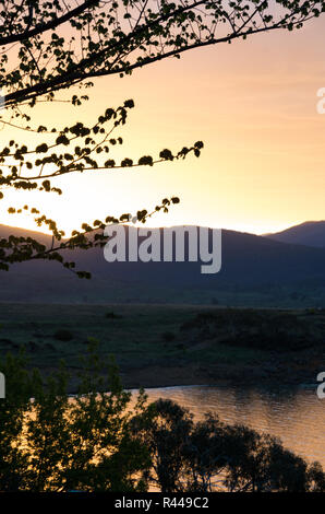 Vibrant Lake Sunset with silhouetted items over Lake Jindabyne & Mountains Stock Photo