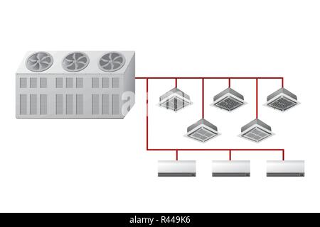 Chiller with Ceiling Cassette and wall indoor units. Air cooling. Vector illustration. HVAC. Stock Vector