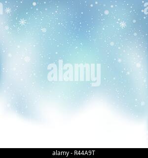 Christmas snowfall on sky clouds background. Winter snowfall on blue backdrop. Frosty close-up wintry snowflakes. Ice shape pattern Stock Vector