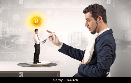 Giant businessman eating small man with financial background  Stock Photo