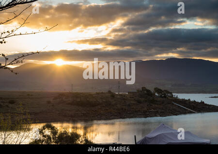 Vibrant Sunset over Lake Jindabyne & Mountains in Australia Stock Photo