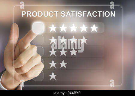 business hand pushing product satisfaction on virtual screen Stock Photo