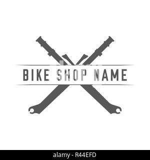 Bikes Shop Emblem. Design Element for Bike Shop or Advertising Banner. Crossed Forks and Place for Your Bike Shop Name, Monochrome Illustration. Stock Photo