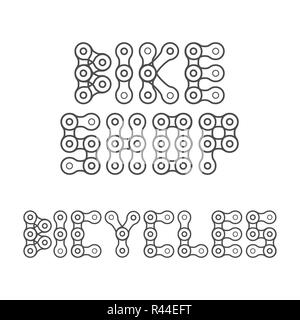 Bikes Shop Emblem, Lettering. Design Element for Bike Shop or Advertising Banner. Letters Made of Bicycle Chain, Monochrome Illustration. Stock Photo