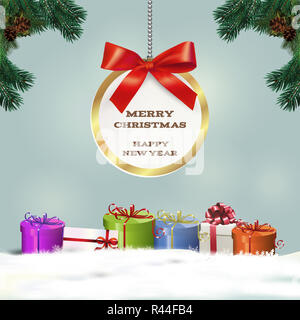 Congratulatory Christmas background with gifts. Stock Photo