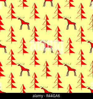 Moose in the woods ethnic ornament seamless pattern Stock Photo