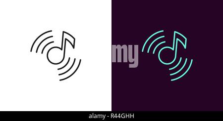 Musical note illustration. Vector icon of Sound note with acoustic waves in outline style. Black and color version Stock Vector
