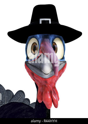 Silly toon turkey wearing pilgrim hat. Stock Photo