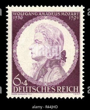 German historical stamp: The 150th anniversary of the death of Wolfgang Amadeus Mozart (1756-1791), portrait, 1941. Germany, the Third Reich. Stock Photo