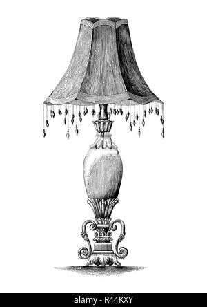 Vintage bedroom lamp hand drawing engraving illustration isolated on white background Stock Vector
