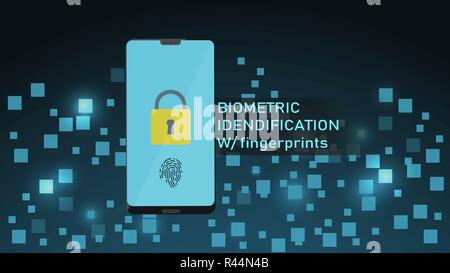 Smartphone with Fingerprint Recognition Concept, Login or Sign Up. Smartphone Screen with Built in Fingerprint Scanner. Responsive web template design. Stock Vector