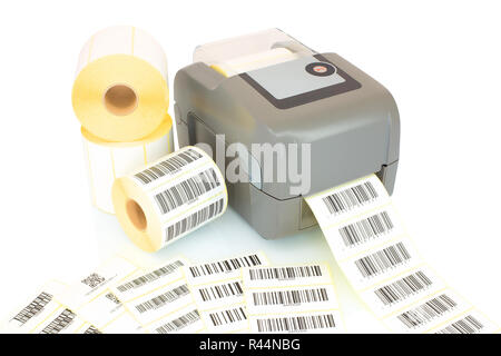 White label rolls, printed barcodes and printer isolated on white background with shadow reflection. White reels of labels with printer. Labels for di Stock Photo