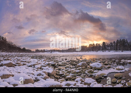 Dawn over Lebed Swan river, near the village Turochak, Altai Mountains ...
