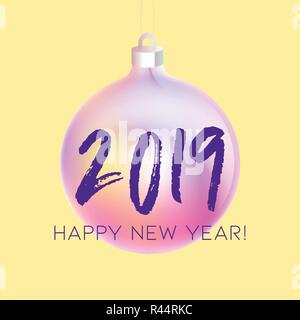 Merry Christmas and Happy New Year greeting card with colorful holographic bauble , modern neon foil color gradients. Holiday night illustration in futuristic glow style. Stock Vector