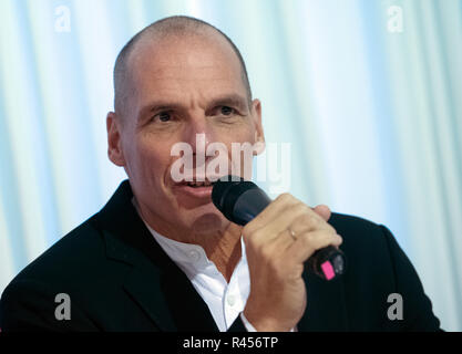 Berlin, Germany. 25th Nov, 2018. Former Greek Finance Minister Janis Varoufakis speaks to journalists at a meeting of the Democracy in Europe party. The party elected its candidates for the next European elections in Berlin. Varoufakis is the top candidate. Credit: Paul Zinken/dpa/Alamy Live News Stock Photo