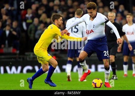 London, UK, 24 November 2018. London, UK, 24 November 2018. Jorginho of Chelsea (L) challenges Dele Alli of Tottenham Hotspur (R). EPL Premier League match, Tottenham Hotspur v Chelsea at Wembley Stadium in London on Saturday 24th November 2018.  this image may only be used for Editorial purposes. Editorial use only, license required for commercial use. No use in betting, games or a single club/league/player publications . pic by Steffan Bowen/Andrew Orchard sports photography/Alamy Live news