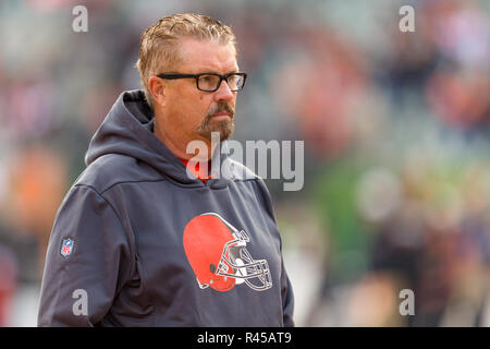 Cincinnati, OH., USA. November 25th, 2018: Cleveland Browns head coach Gregg Williams watches his players warm up before a game between the Cleveland Browns and the Cincinnati Bengals on November 25, 2018 at Paul Brown Stadium in Cincinnati, OH. Adam Lacy/CSM. Credit: Cal Sport Media/Alamy Live News Stock Photo