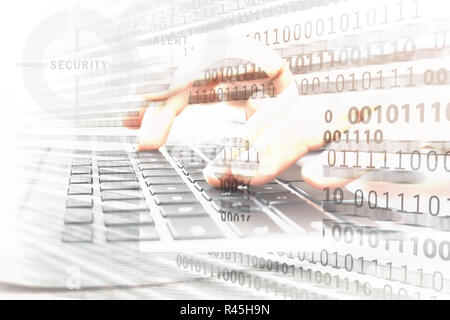 Composite image of digital security and cryptology system - closed padlock on the background of working programmer and network binary hologram Stock Photo