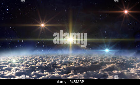 five yellow spaceships in space night Stock Photo