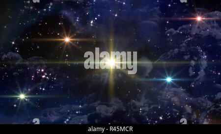 five yellow ufo spaceships in space night Stock Photo