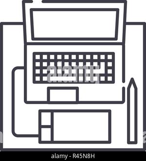 Workplace with a laptop line icon concept. Workplace with a laptop vector linear illustration, symbol, sign Stock Vector