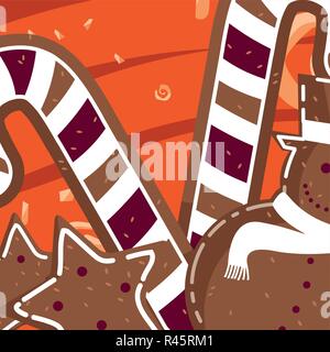 candy canes and star and snowman cookies over orange background, vector illustration Stock Vector