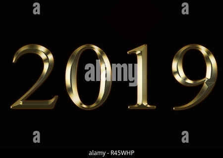 Numeral 2019, isolated on black background, 3d render . Gold number 2019 stock photo . Gold sparkling Numbers Design of greeting card of Happy new year design. Gold Shining Pattern. Stock Photo
