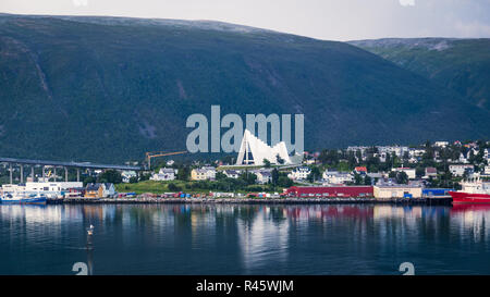 Skyline with Arctic Cathedral in Tromso in northern Norway Stock Photo