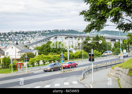 Bridge from the Arctic Cathedral to the center of Tromso in Norway Stock Photo