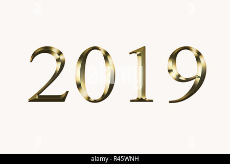 Numeral 2019, isolated on white background, 3d render . Gold number 2019 stock photo . Gold sparkling Numbers Design of greeting card of Happy new year design. Gold Shining Pattern. Stock Photo