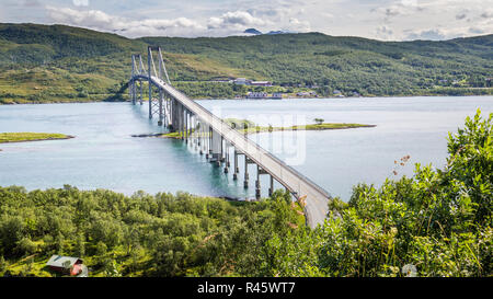 The fjord of Tjeldsundet in Troms County, Norway. Sætertinden mountain ...