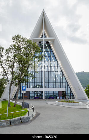 TROMSO, FINLAND - JULY 27, 2016: Front view of the Arctic Cathedral in Tromso Norway Stock Photo