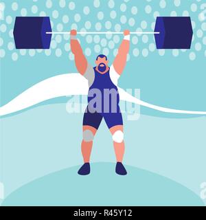 cartoon weightlifter with weights over blue background, vector illustration Stock Vector