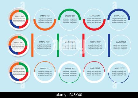 Three types of infographic templates with circles paper labels in four colors and blank labels ready for your text. Stock Vector