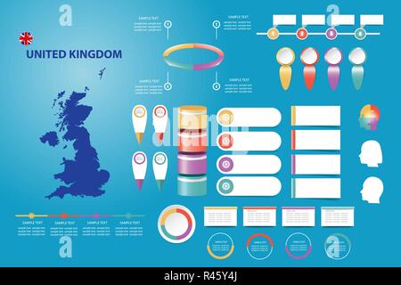 Infographic for economic, sociological, demographic and other presentations. The blind map of Great Britain, timeline and a number of different blank  Stock Vector