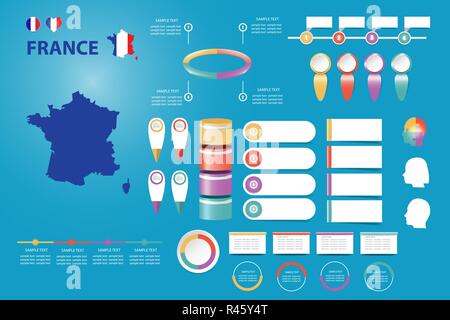 Infographic for economic, sociological, demographic and other presentations. The blind map of France, timeline and a number of different blank labels  Stock Vector