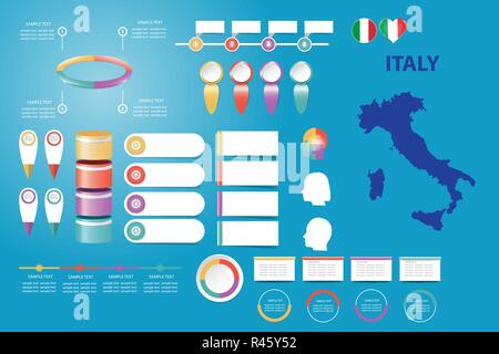 Infographic for economic, sociological, demographic and other presentations. The blind map of Italy, timeline and a number of different blank labels r Stock Vector